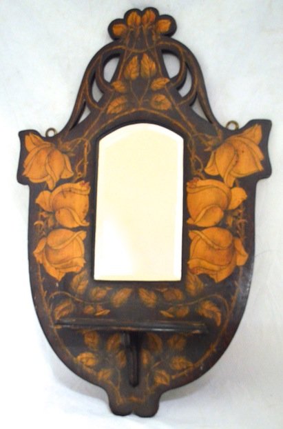 Art Nouveau Painted Sessionist Mirrored shelf: Painted Sessionist Mirror with Sonce and Painted Rose Motif. 24'' x 15''. Minor loss to paint.