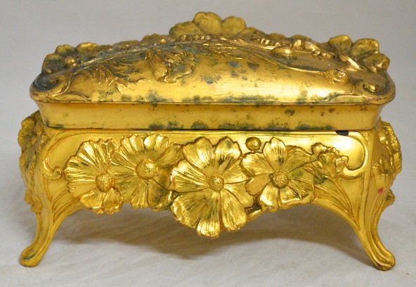 8" Fancy Gilded Jewelry Box.: Gilded Jewelry Box. 8'' x 3 1/2'' x 5''. Some minor wear.