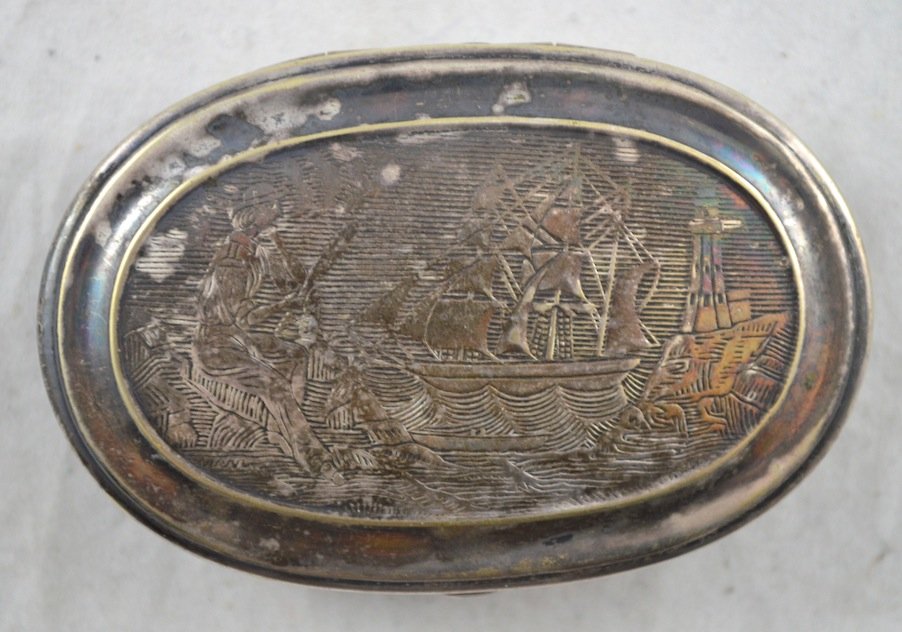 Silver Snuff Box with Ship: Silver Snuff Box with Ship. ''C. Parker'' Maker. 3 1/4'' x 2 1/4''