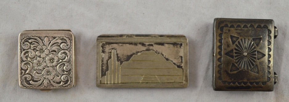 Lot of 3 Sterling Silver Pill Boxes: Lot of 3 Sterling Silver Pill Boxes- Armenian/Jordanian, Southwestern and Repousse. Largest: 1 3/4'' x 1''/ 48.6 g
