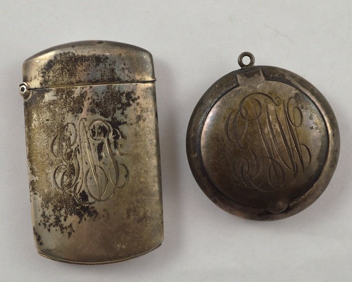 Sterling Silver Match Safe and Pill Box, Unger 38.1 g: Lot of Sterling Silver Match Safe and Pill Box, Unger Brothers. Match Safe: 2 1/2'' x 1 1/2''. 38.1 g