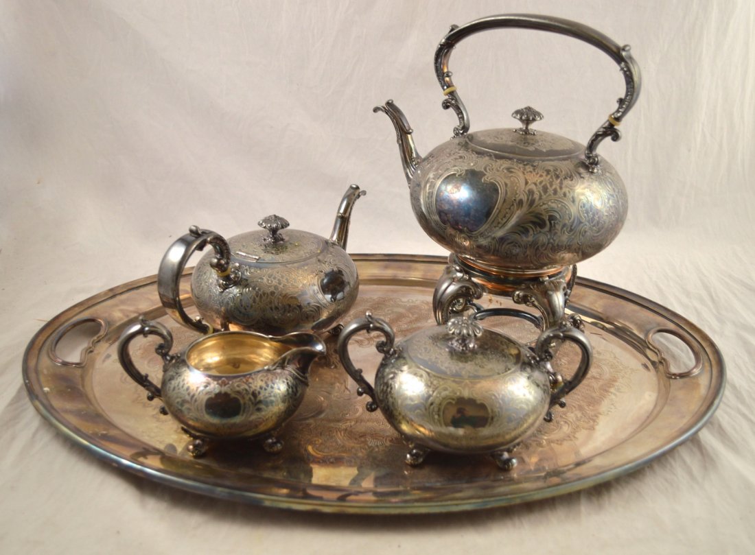 5 Pc. Silverplate Tea Set with Kettle and Tray, Gorham: 5 Pc. Silverplate Tea Set with Kettle and Tray, Gorham. Kettle: 12'' x 10 1/2'' Tray: 24'' x 17 1/2''