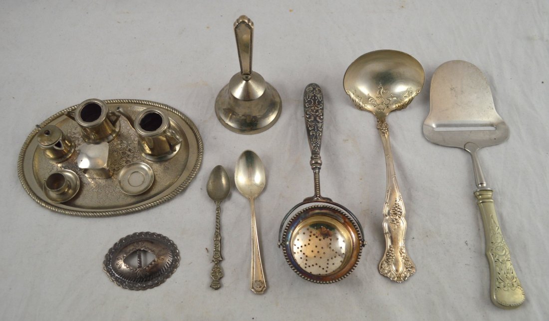 Lot of 9 Pcs Sterling and Plated Silver: Lot of 9 Pcs Sterling and Plated Silver. Sterling Handled Bell, Sterling Silver Pill Box, etc. Bell: 4'' high