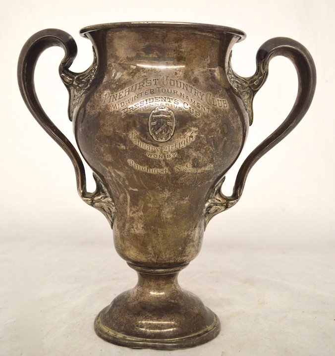 1907 Sterling Silver Golf Trophy 23.7 toz: 1907 Sterling Silver Golf Trophy. ''Pinehurst Country Club Midwinter Tournament. President's Cup- Runner Up.'' 9 3/4'' tall 23.7 toz
