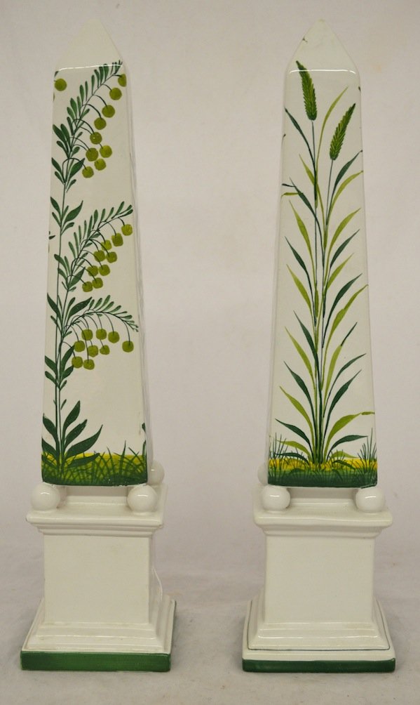 Italian Faience Obelisks with Fern Motif. Costa: Italian Faience Obelisks, Fern Motif. Costa. 18'' ht. Very good condition.