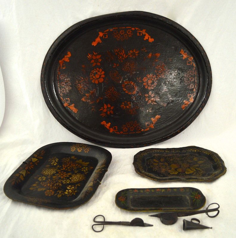 7 Pcs. 19th C. Painted Toleware: 7 Pcs. 19th C. Painted Toleware. Largest: 24 1/2'' x 19 1/2''. Smallest: 9 1/2'' x 4''. Wear consistent with age.