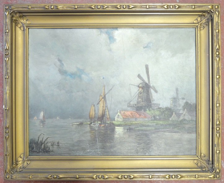 19th C. O/C of Ship and Mindmill, Wilbur Lansil: 19th C. Oil on Canvas of Ship and Mindmill, Signed W. Lansil. Frame:23â€ x 28â€ Sight: 16 1/2â€ x 22 1/2â€