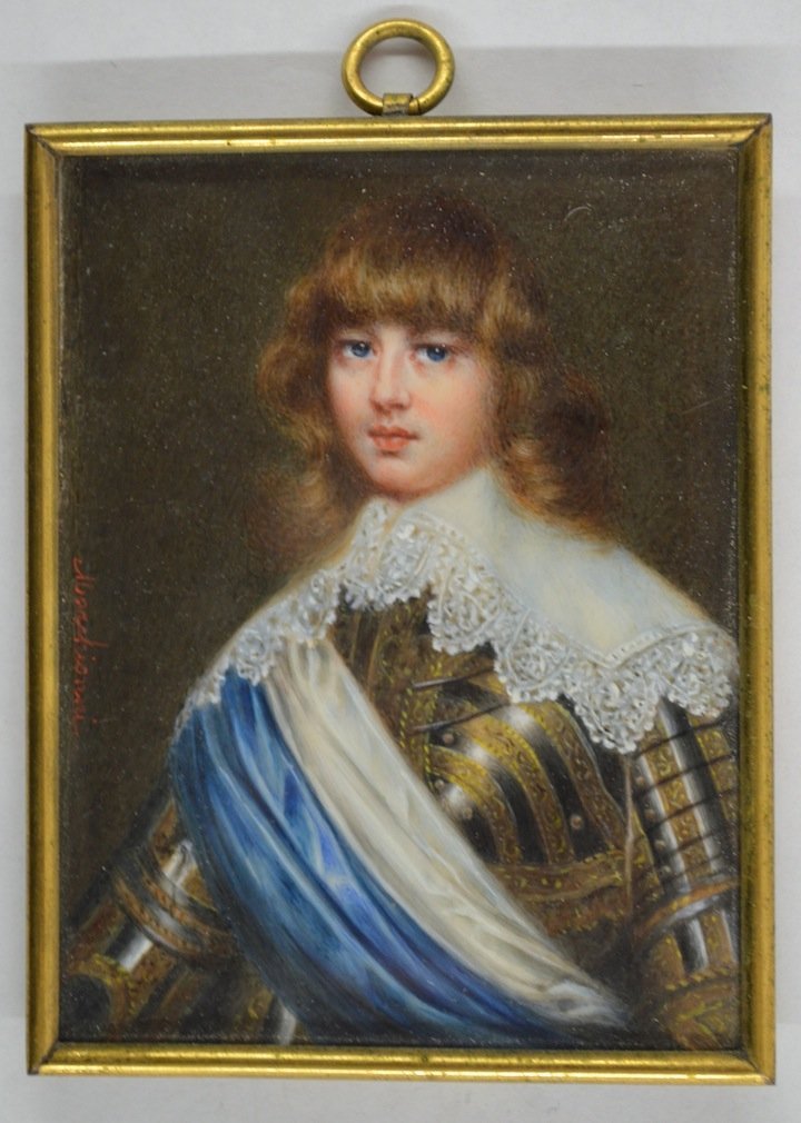 19th C. Portrait Miniature on Ivory of Young Boy in: 19th C. Portrait Miniature on Ivory of Young Boy in Armor. Signed ''Marchionni.'' Brass Frame. 2 3/4'' x 3 3/4''. Good condition- no wear or damage.