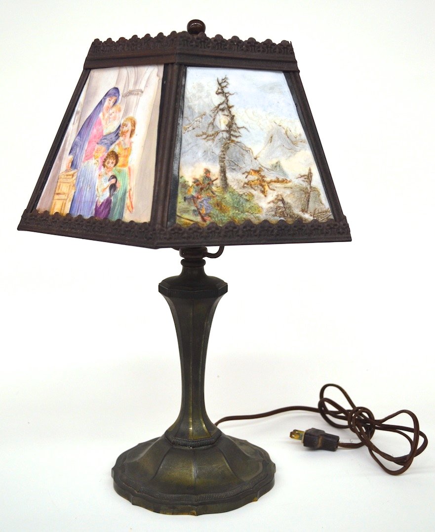 KPM Porcelain Panel Lamp 14 1/2'': KPM Porcelain Panel Lamp. 1 shade has hairline crack in back- no visible from the front. Other wise, in good condition. 14 1/2'' high.