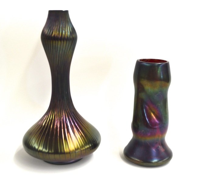 2 Loetz Favrille Art Glass Vases: 2 Loetz Favrille Art Glass Vases- 6'' and 9''. Good condition- 1 minor chip on rim of smaller vase (pictured).