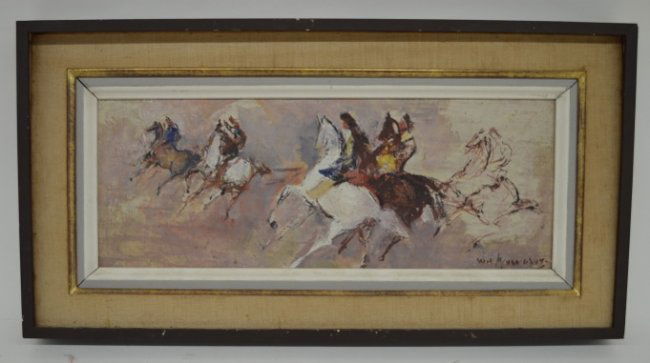 William Meyerwotiz Oil on Canvas of Horses, Signed: William Meyerowitz Oil on Canvas of Horses. Signed. Good condition. Frame: 12'' x 23 1/2''. Sight: 7'' x 18''.