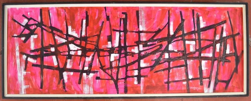 Oil on Board Abstract Expressionist Mid-Century Signed: Oil on Board Abstract Expressionist Mid-Century Painting, signed ''Maloney.'' Frame: 22 1/2'' x 58'' Sight: 20 1/4'' x 55 3/4''