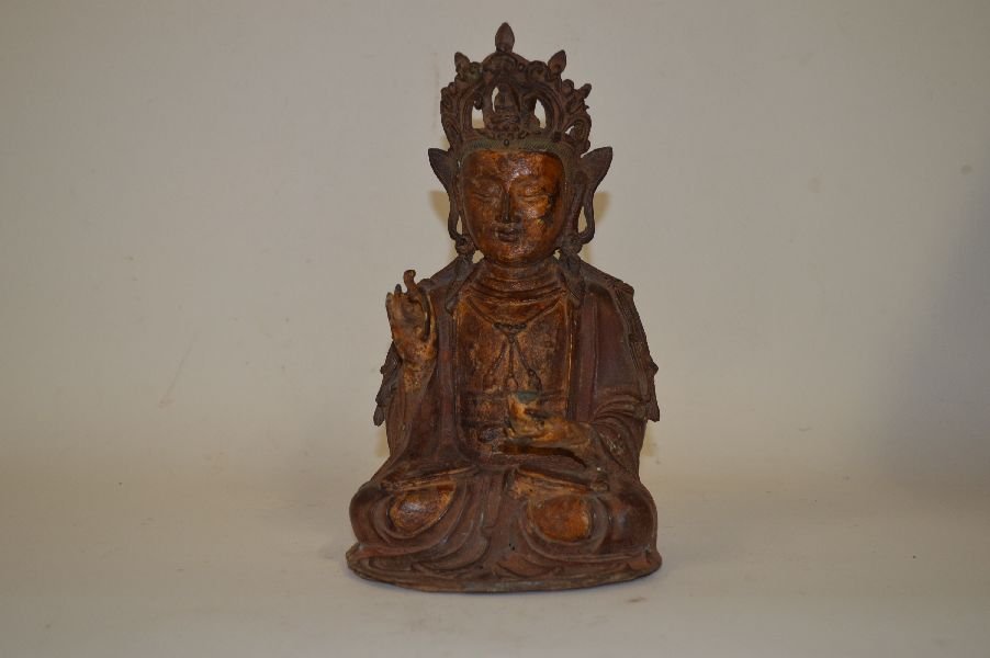Antique Gilt And lacquer Metal Buddha Figure: Metal Buddha figure, China, depicting with seated Buddha and hands in Buddhist posture. 11” H