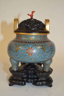 Chinese Cloisonne Censer: Cloisonne censer, China, 18c. Decorated with lotus flower pattern, gilt on rim and handle, carved Qianlong mark on base. With carved Zitan wood cover with red coral holder and with carved Zitan wood s