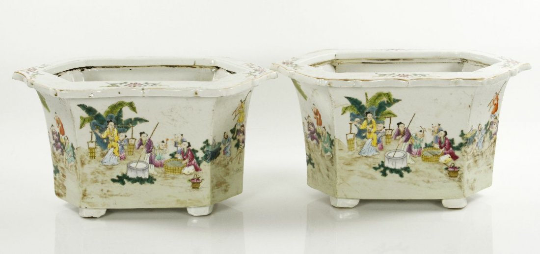 Pr. Qing Porcelain Flower Pots: Pair of porcelain flower pots, China, late Qing Dynasty, decorated with rural figures, 8"h x 15"w x 9 1/2"d.