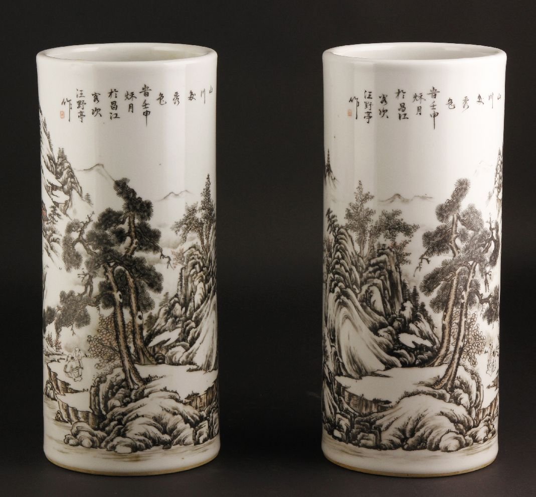 Pr. Republic Period Hat Stand Vases: Pair of porcelain hat stand vases, China, Republic Period, with black and red decoration of trees, mountain, and boat 11"h.