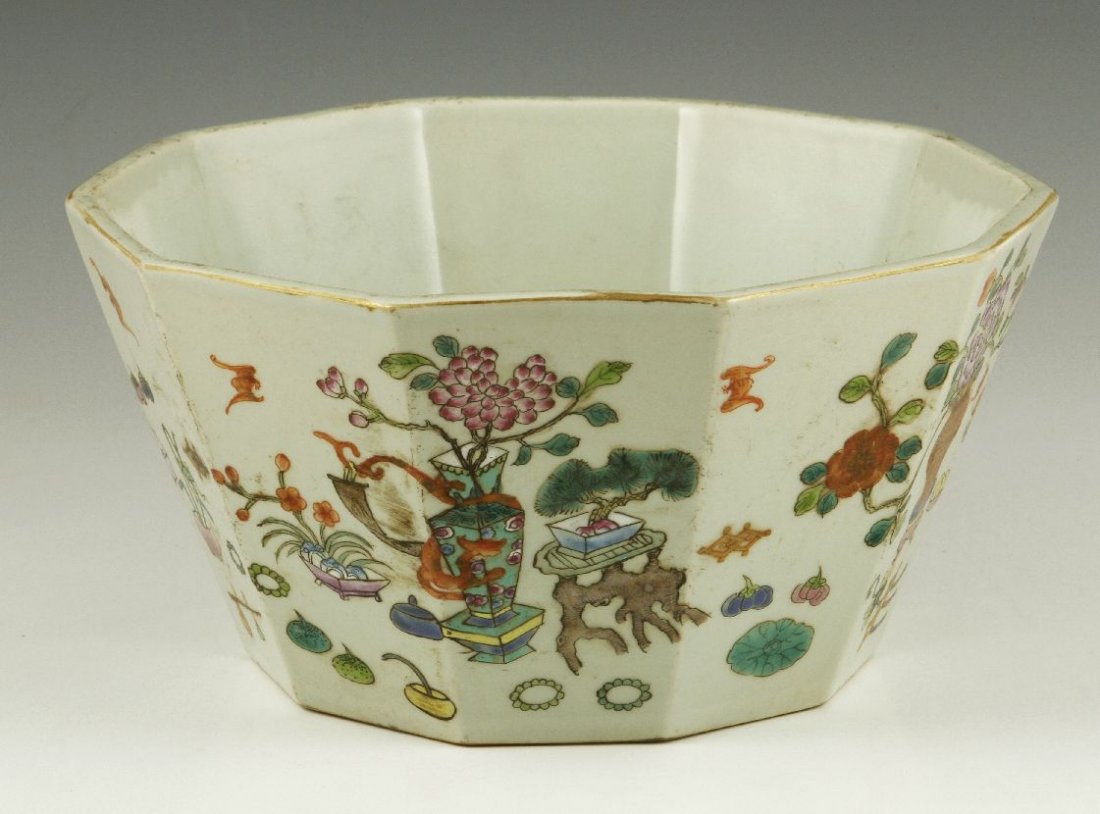 Late 19th C. Famille Rose Flower Pot: Famille rose porcelain flower pot, China, late 19th century, decorated with auspicious symbols and vases, 9 1/4"h x 4 1/2"w.