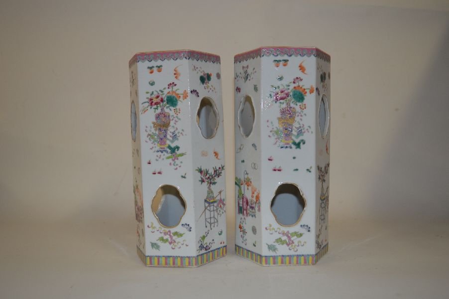 Pr. Famille Rose Hat Vases: porcelain hat vase, hexagonal shaped vase, with carved and hand painted flower decoration. 11”H