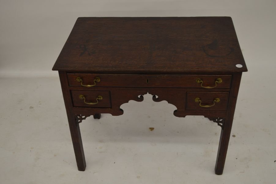 Small chippendale oak desk with scrolled front and: Small chippendale oak desk with scrolled front and brass pulls