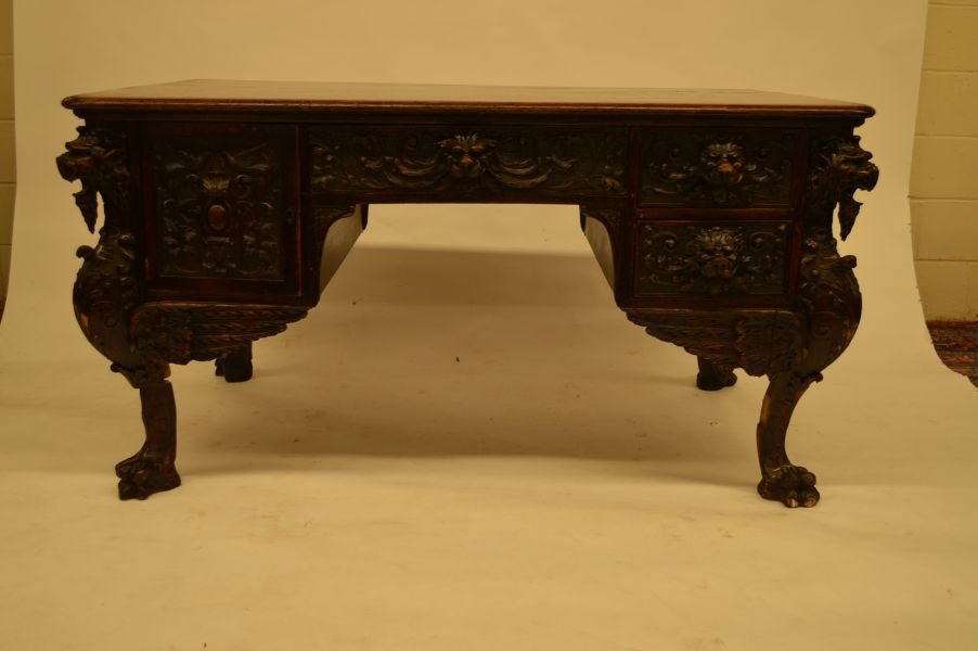 Heavily carved Horner partners desk with bearded dragon: Heavily carved Horner partners desk with bearded dragon carvings