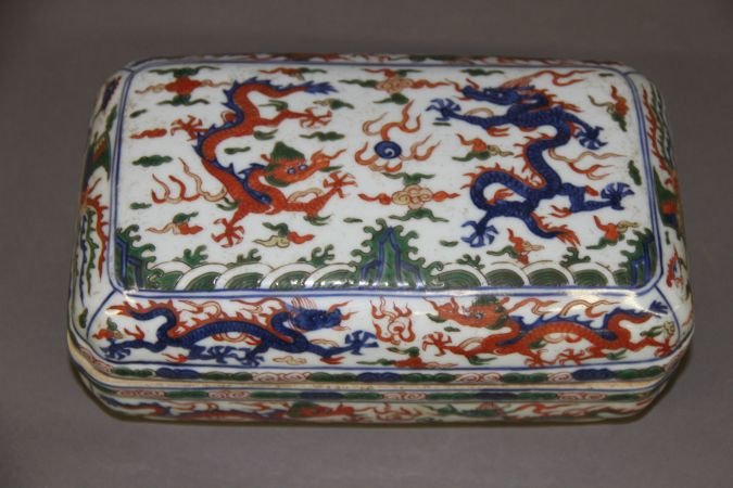 Famille Verte Porcelain Box: Porcelain Box, China, Ming Style, decorated with flying dragons around the body, Blue Ming Jiajing mark on base. 4 x 9 1/2" x 6"