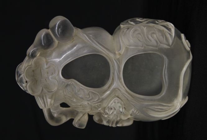 Crystal Brush Washer: Crystal brush washer,China, China, carved with flower, frog and leaves. 6 1/2" X 2 1/2'