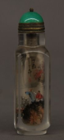 Reverse painting crystal Snuff Bottle: Reverse painting crystal snuff bottle, China, rectangular shape, decorated with mountain and river landscape, with a green bottle cap.3"