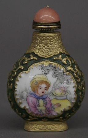 Carved Peking Glass Snuff Bottle: Carved Peking glass snuff bottle, China, round shape, decorated with two panels of western figures, surrounded by floral patterns, with a pink bottle cap, Qianlong mark on base.3"
