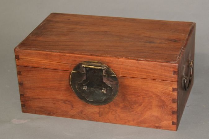 Huanghuali Wood Jewelry Box: Huanghuali wood jewelry box, China, rectangular shape, with two handles and a lock.6" X 13"