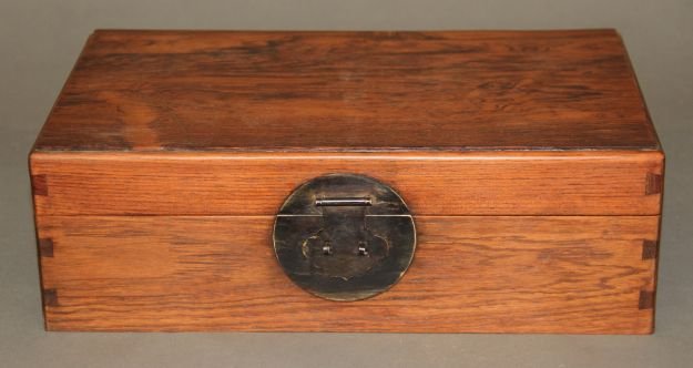 Huanghuali Wood Jewelry Box: Huanghuali wood jewelry box, China, rectangular shape, with two handles and a lock.4 1/2" X 13 1/2" X 8"