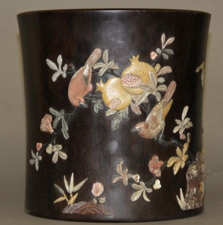 Carved Zitan Wood Brush Pot: Carved Zitan wood brush pot, China, round shape, decorated with pomegranate, birds, flower, and calligraphy.9 1/2" X 9"
