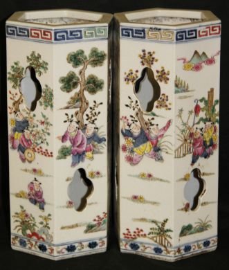 Pair Famille Rose Hat Vases: Pair of famille rose hat vases, China, hexagon shape, decorated with Children-at-play scenes, blue Jiaqing marks on base.11 1/2"