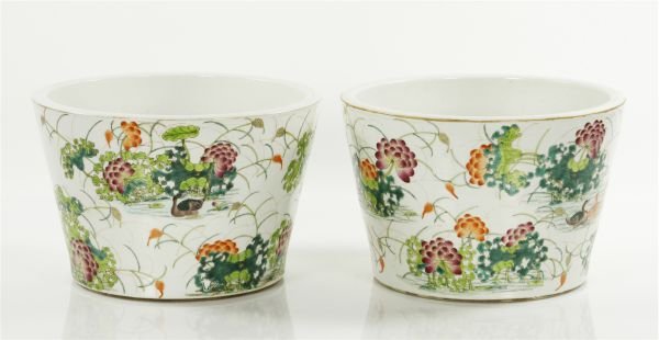Pair Famille Rose Flower Pots: Pair of famille rose flower puts, China, decorated with red lotus flowers and green leaves, gilt rim.9 3/4" X 6 3/87"