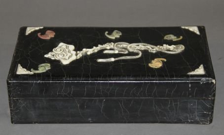 Black Lacquer Box: Black lacquer box, China, rectangular shape, inlaid with colorful bat patterns and Ruyi image on the cover.3 1/4" X 12" X 6 1/2"