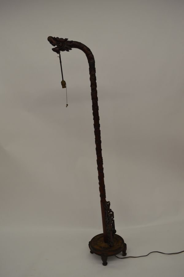 Antique Suanzhi Wood 6 Carved Dragon Head Floor Lamp