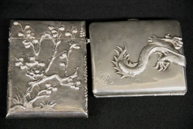 Two Chinese Exported Silver Cases: Chinese Exported Silver Trays decorated with a carved Dragon. 3 1/2" X 3" and 3 3/4' X 2 3/4", 7 OZ weight.