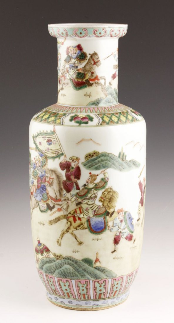 Famille Rose Vase: Famille rose porcelain vase, China, late Qing Dynasty, depicting battle scenes and mythic creatures, 18"h.