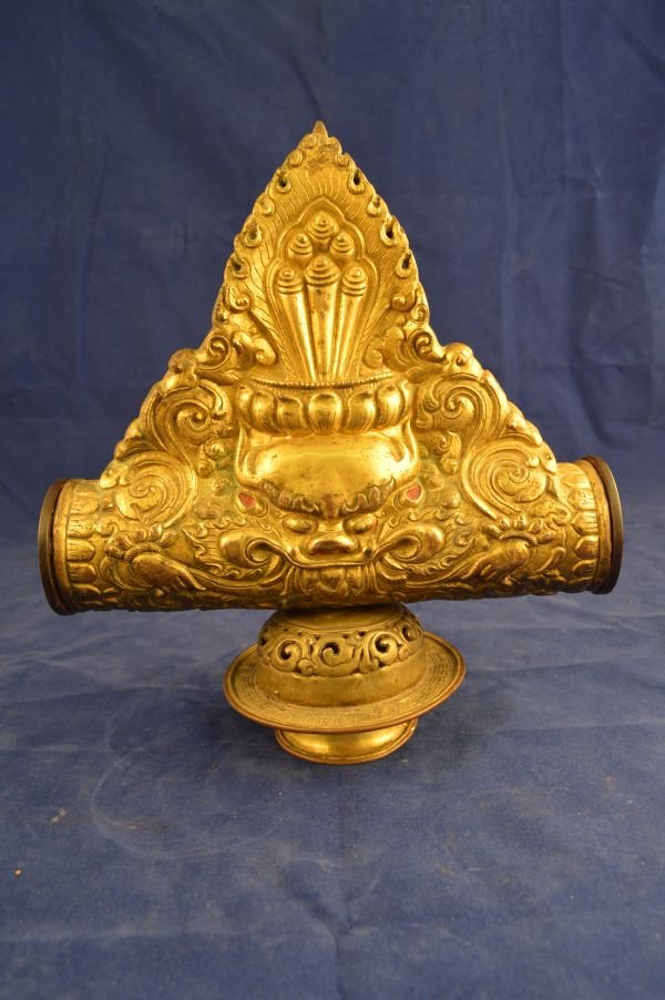 Tibetan Gilded Bronze Pediment: Tibetan Gilded Bronze Pediment 11 1/2"