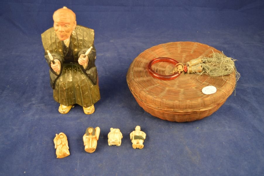 Bone Netsuke, Seewing Basket, and Carved Figure: Bone Netsuke, Seewing Basket, and Carved Figure