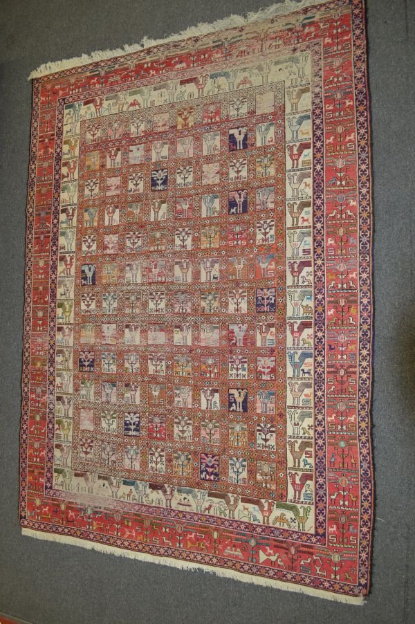 ANTIQUE PERSIAN FLATWARE RUG w/ BIRDS AND ANIMALS 111"x: ANTIQUE PERSIAN FLATWARE RUG w/ BIRDS AND ANIMALS 111"x79"