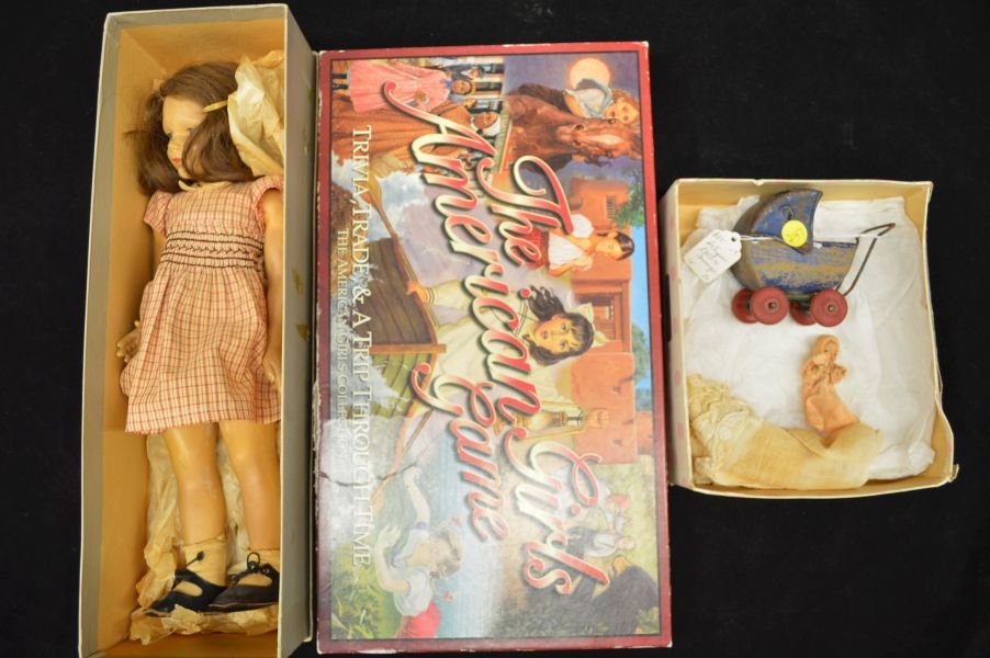 ANTIQUE DOLL, MINI FELT w/CARRIAGE, COMPOSTION DOLL,: ANTIQUE DOLL, MINI FELT w/CARRIAGE, COMPOSTION DOLL, AND AMERICAN GIRL DOLL GAME