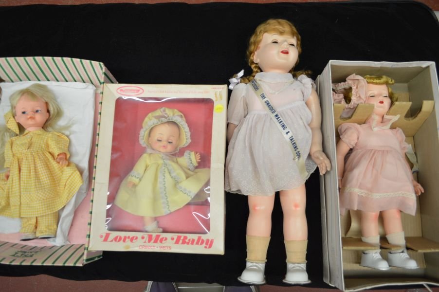4 VINTAGE DOLLS INC. 3 IN BOXES; LOVE ME BABY, TALKING: 4 VINTAGE DOLLS INC. 3 IN BOXES; LOVE ME BABY, TALKING WAND & JOLLY LISA, & WINNIE THE WALKING DOLL