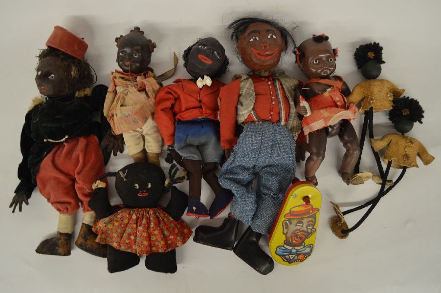9 BLACK AMERICANA DOLLS AND PUPPETS; EARLY COMPOSIT,: 9 BLACK AMERICANA DOLLS AND PUPPETS; EARLY COMPOSIT, PAPER MACHE, ORANGE SKIN CLOTHING, ETC 12"