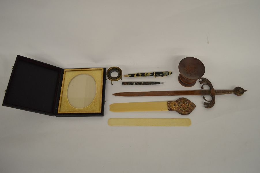 TREENWARE SANDER, BRONZE LETTER OPENER ,BONE LETTER: TREENWARE SANDER, BRONZE LETTER OPENER ,BONE LETTER OPENERS, AND A 1/2 PLATE DAGUERREOTYPE CASE