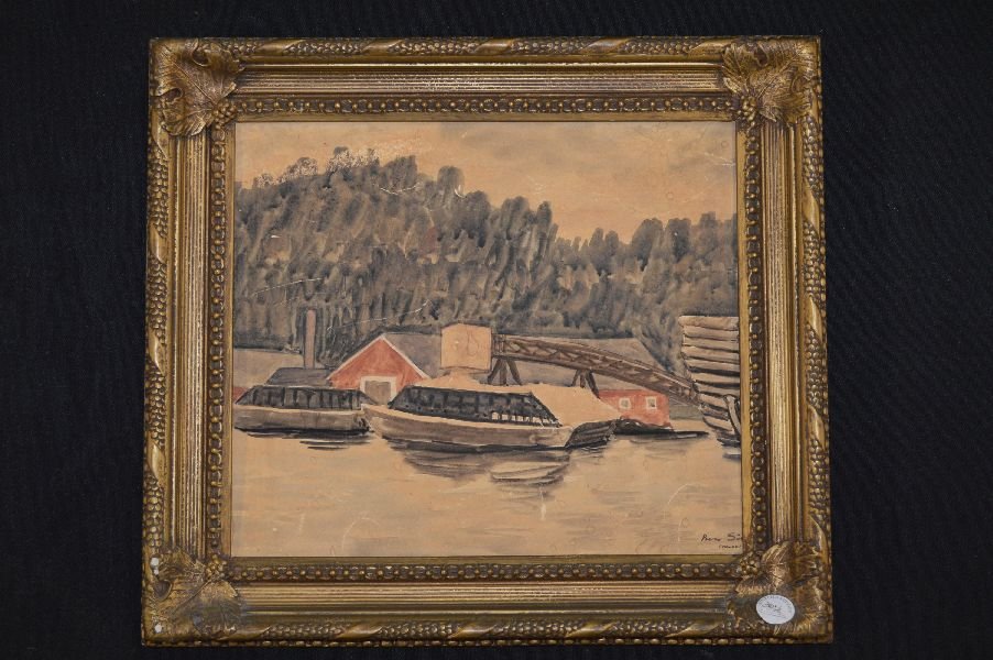 GUACHE ON BOARD PAINTING OF HARBOR SIV, FINLAND: GUACHE ON BOARD PAINTING OF HARBOR SIV, FINLAND