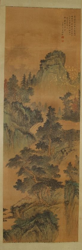 A Scroll Of Chinese Watercolor Painting: scroll of watercolor painting, China, Qing dynasty, with view of mountain, signed Wang Shimin