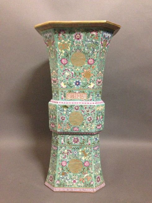 Rare Famille Rose Square Shaped Pocelain Vase: famille rose vase, China, Qing dynasty, Gu shaped, decorated with flower and Shou character. 21"