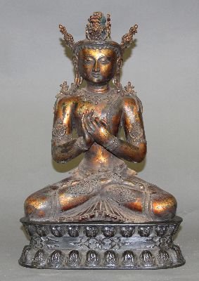 Chinese Ming Dynasty Gilt Bronze Buddha: bronze Buddha figure, Buddha head sword in, wearing wreaths, legs crossed and sitting on a carved Zitan wood double lotus throne. Hand-way Buddhist gesture 18 1/2'H