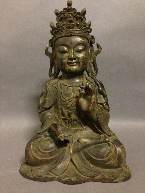 Chinese Ming Dynasty Bronze Buddha: Bronze Buddha, China, Greticulated headdress and elaborate floral-decorated robe and jewelry, seated cross-legged in full Lotus position, with hands in vitarka mudra gesture position of appeasement. T