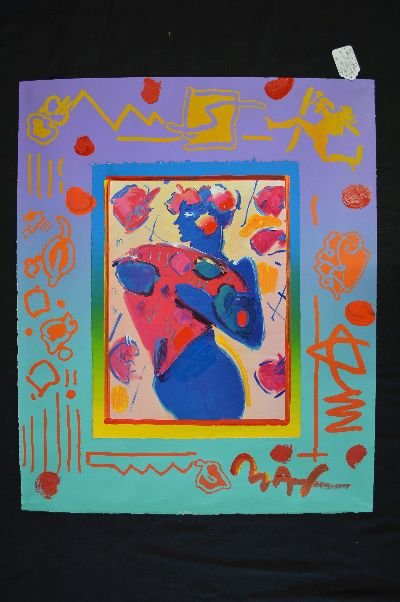 PETER MAX SIGNED MIXED MEDIA ACRYLIC ON PAPER "FIGURE: PETER MAX SIGNED MIXED MEDIA ACRYLIC ON PAPER "FIGURE WITH HEARTS" 34"x 28"